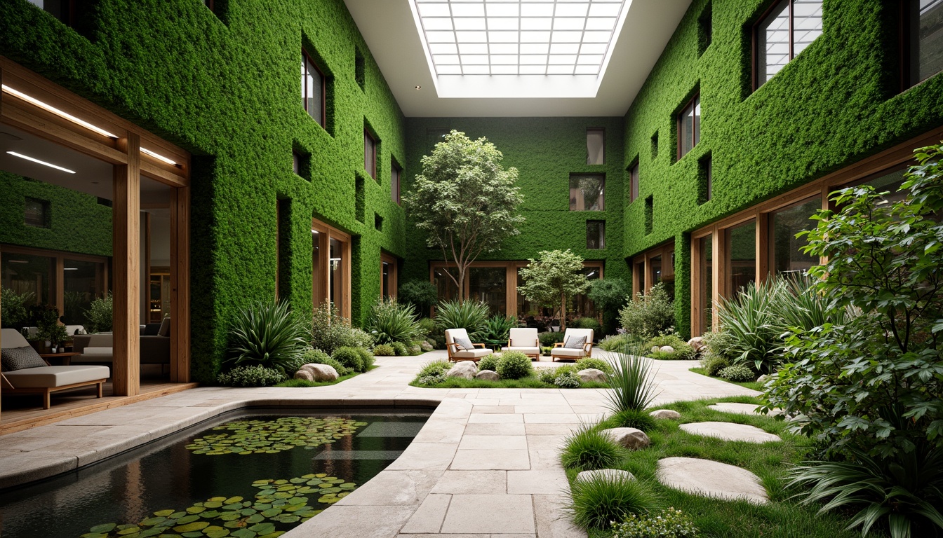 Prompt: Vibrant green walls, living plants, natural stone floors, reclaimed wood accents, organic shapes, earthy color palette, abundant daylight, clerestory windows, skylights, solar tubes, bioluminescent lighting, water features, small ponds, indoor gardens, botanical prints, nature-inspired patterns, curved lines, free-flowing spaces, minimal ornamentation, eco-friendly materials, sustainable design principles, calming ambiance, serene atmosphere, 3/4 composition, shallow depth of field, realistic textures, ambient occlusion.