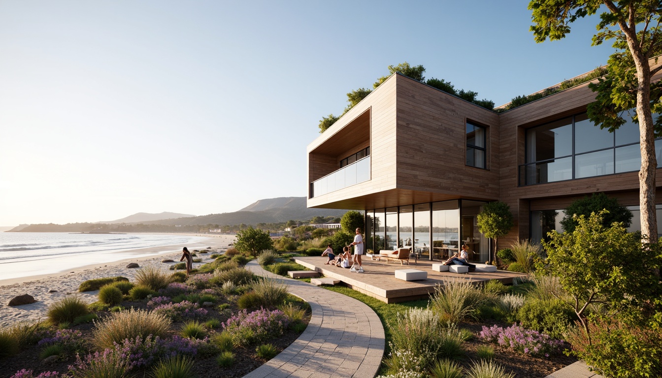 Prompt: Eco-friendly coastal residence, oceanfront views, sandy beaches, driftwood accents, recycled materials, green roofs, solar panels, wind turbines, rainwater harvesting systems, natural ventilation, large windows, sliding glass doors, minimalist interior design, reclaimed wood flooring, low-carbon footprint, energy-efficient appliances, organic gardens, native plant species, sea-inspired color palette, soft ocean breeze, warm sunlight, shallow depth of field, 1/1 composition, realistic textures, ambient occlusion.