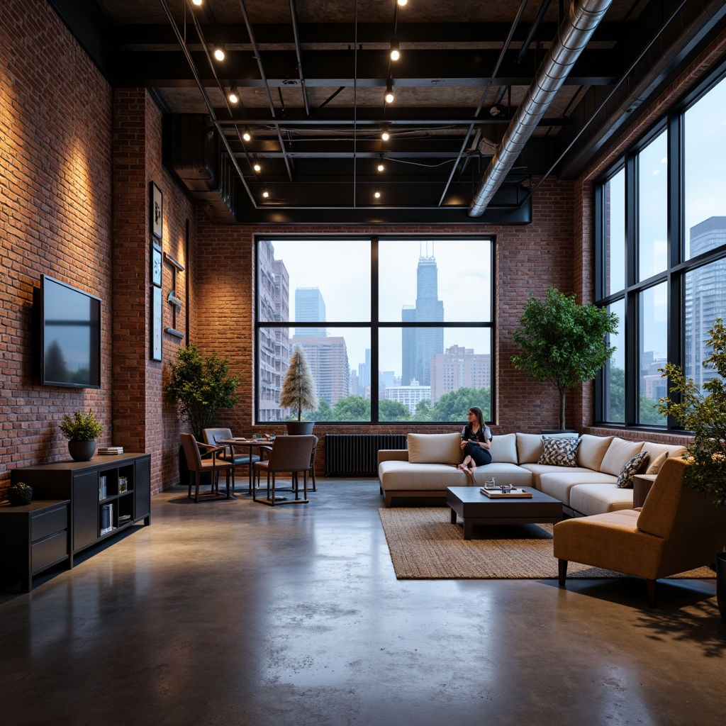 Prompt: Industrial chic loft, exposed brick walls, metal beams, polished concrete floors, minimalist decor, sleek lines, modern high-tech gadgets, futuristic lighting fixtures, neon accents, urban cityscape views, floor-to-ceiling windows, open-plan living areas, modular furniture, ergonomic seating, collaborative workspaces, virtual reality zones, 3D printing stations, smart home automation systems, ambient LED lighting, shallow depth of field, 2/3 composition, cinematic camera angles, realistic metallic textures, advanced particle simulations.