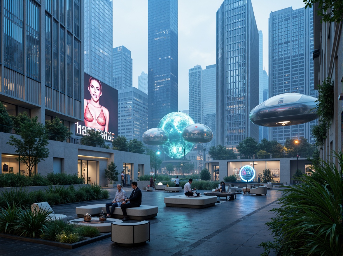 Prompt: Futuristic cityscape, neon-lit skyscrapers, holographic advertisements, levitating transportation pods, curved metallic buildings, iridescent glass facades, angular rooftops, verdant green walls, hydroponic gardens, misty atmospheric effects, soft blue ambient lighting, shallow depth of field, 1/1 composition, panoramic view, realistic reflections, ambient occlusion, sleek modern furniture, minimalist decor, futuristic gadgets, virtual reality interfaces, augmented reality displays.