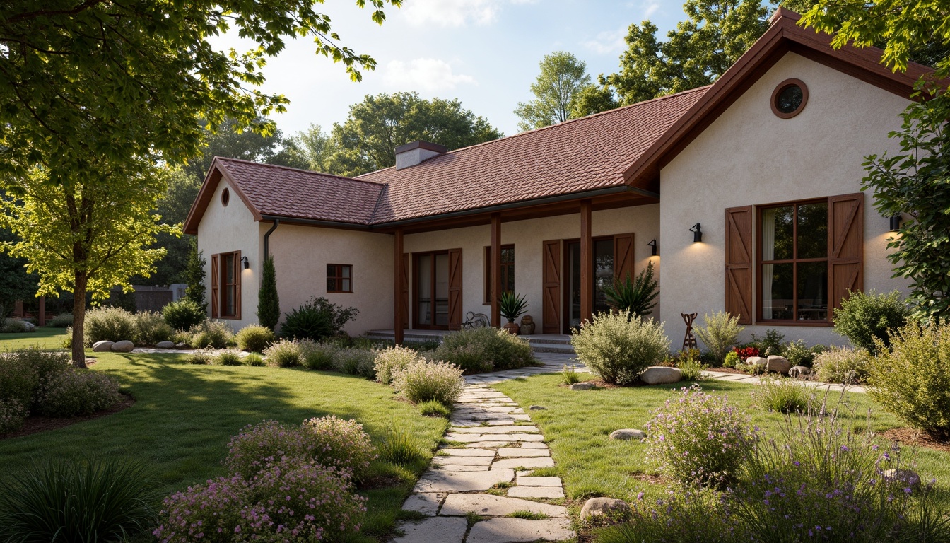 Prompt: Rustic barn, renaissance revival style, curved rooflines, terra cotta tiles, weathered wooden beams, ornate metal decorations, vintage farm tools, lush greenery, blooming wildflowers, sunny afternoon, warm soft lighting, shallow depth of field, 1/1 composition, symmetrical framing, realistic textures, ambient occlusion, earthy color palette, natural stone walls, distressed wood accents, elegant lanterns, classic shutters.