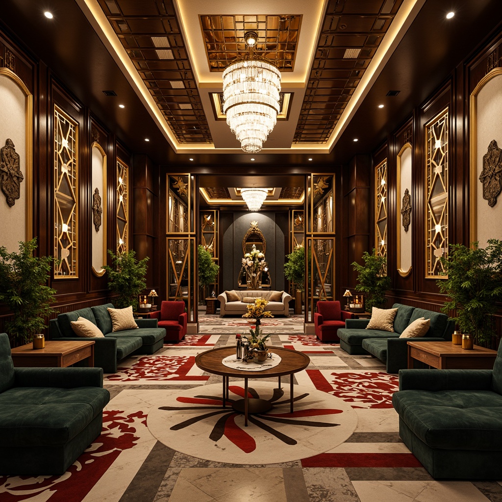 Prompt: Luxurious art deco interior, opulent geometric shapes, metallic accents, ornate patterns, chevron designs, zigzag motifs, sunburst patterns, stylized florals, bold color schemes, lavish textiles, velvet fabrics, chrome fixtures, crystal chandeliers, marble floors, high-contrast lighting, dramatic shadows, cinematic composition, low-angle shot, symmetrical framing, ornate moldings, gilded details, luxurious materials.