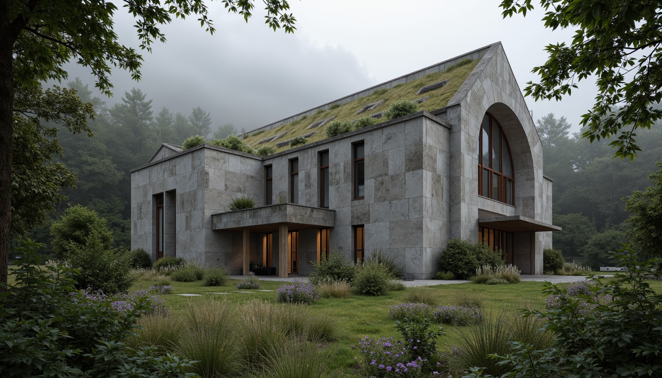 Prompt: Rugged brutalist church, raw concrete walls, angular lines, fortress-like structure, natural stone fa\u00e7ade, overgrown vegetation, wildflowers, moss-covered roofs, weathered wooden doors, stained glass windows, dramatic lighting, high ceilings, minimalist interior, sacred atmosphere, serene ambiance, misty morning, soft diffused light, 1/1 composition, symmetrical framing, realistic textures, ambient occlusion.