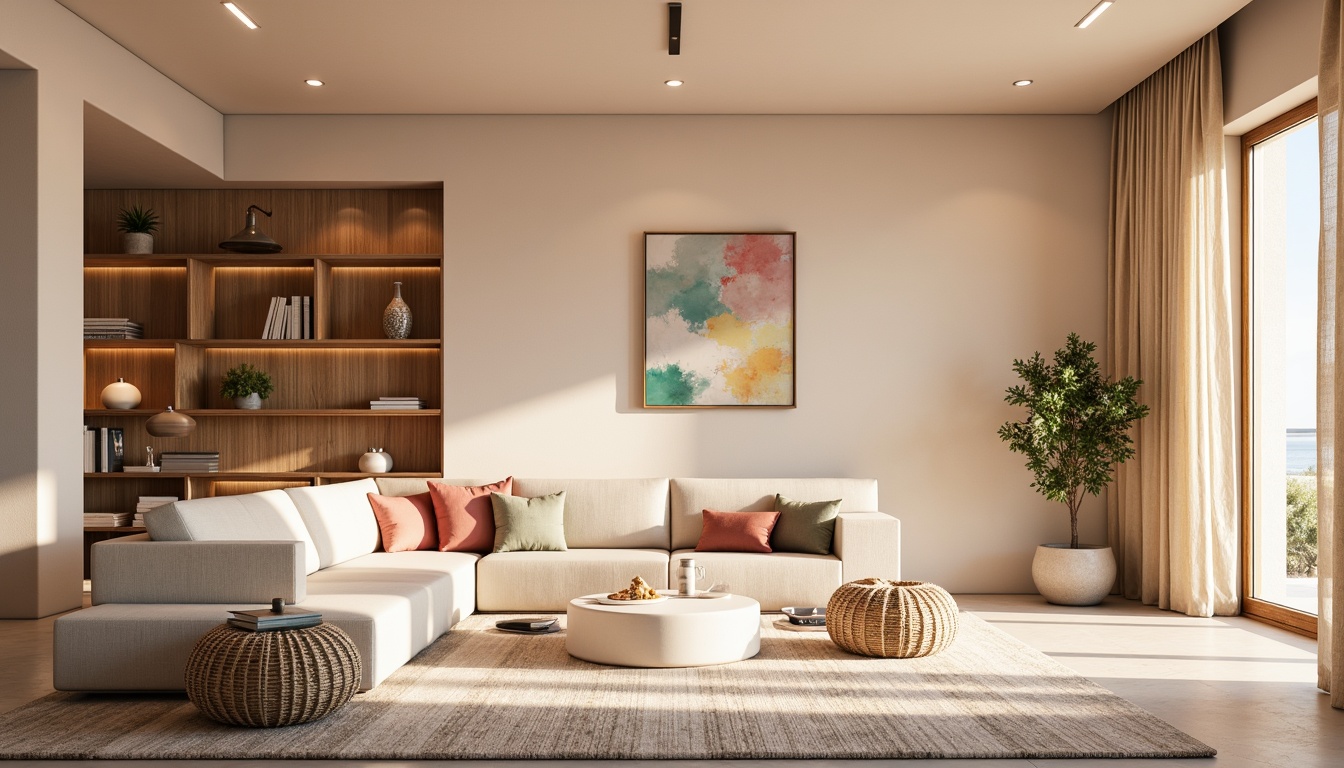 Prompt: Vibrant pastel hues, soft peach tones, calming mint greens, creamy whites, rich wood accents, natural stone textures, earthy terracotta, soothing lavender shades, warm golden lighting, shallow depth of field, 1/1 composition, realistic renderings, ambient occlusion.