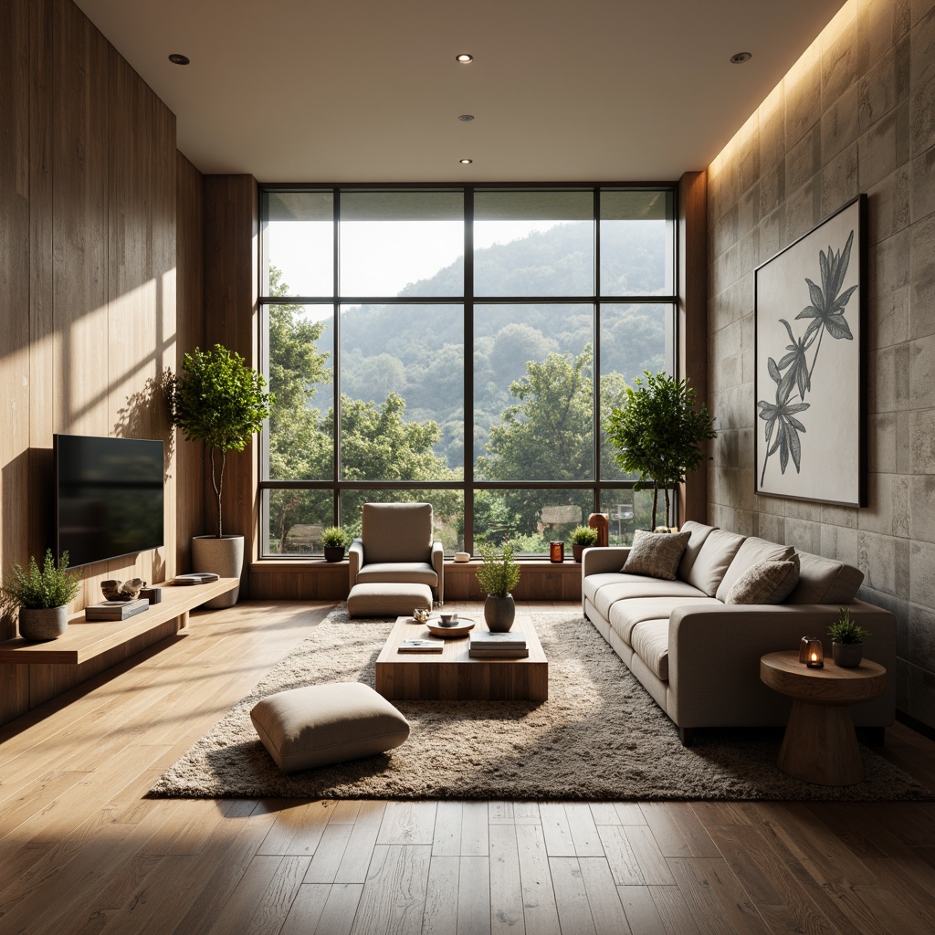 Prompt: Modern living room, sleek minimalist furniture, neutral color palette, natural textiles, wooden accents, floor-to-ceiling windows, abundant natural light, cozy reading nook, plush area rug, geometric patterned wallpaper, ambient warm lighting, 1/1 composition, shallow depth of field, realistic textures, soft focus blur.