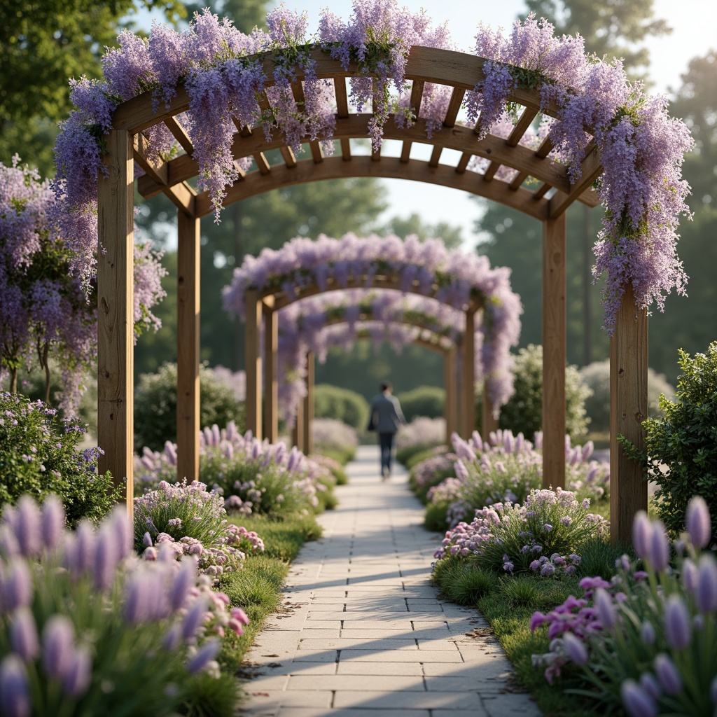 Prompt: Pastel purple flowers, delicate tendrils, soft lavender hues, gentle peach tones, creamy whites, warm beige accents, lush green foliage, whimsical garden scenes, romantic arbors, ornate ironwork, vintage distressed wood, natural stone pathways, dreamy afternoon light, shallow depth of field, 1/1 composition, intimate close-ups, realistic textures, ambient occlusion.