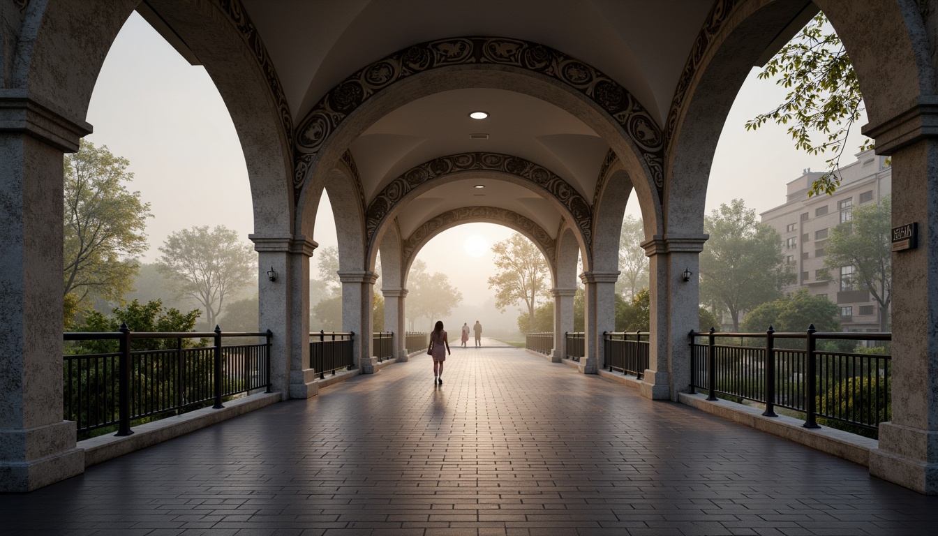 Prompt: Elegant pedestrian bridge, classical arches, ornate stone carvings, symmetrical composition, grand entrance, sweeping curves, refined metal railings, subtle lighting, misty morning atmosphere, soft warm glow, shallow depth of field, 1/1 composition, realistic textures, ambient occlusion.