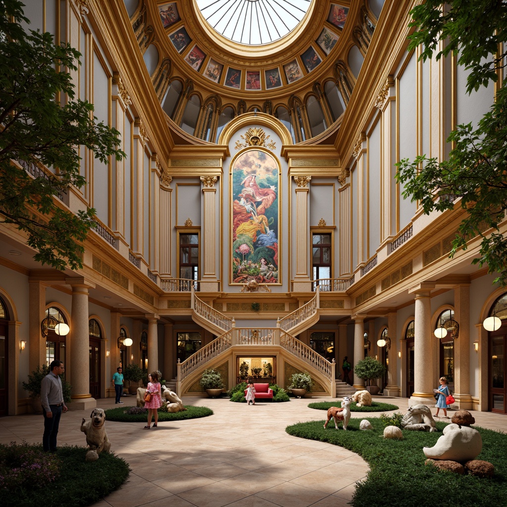 Prompt: Intricate kindergarten, ornate Baroque architecture, lavish decorations, golden accents, curved lines, grand entrance, sweeping staircases, opulent chandeliers, vibrant colorful murals, whimsical sculptures, playful fountains, lush greenery, soft warm lighting, shallow depth of field, 1/1 composition, realistic textures, ambient occlusion.