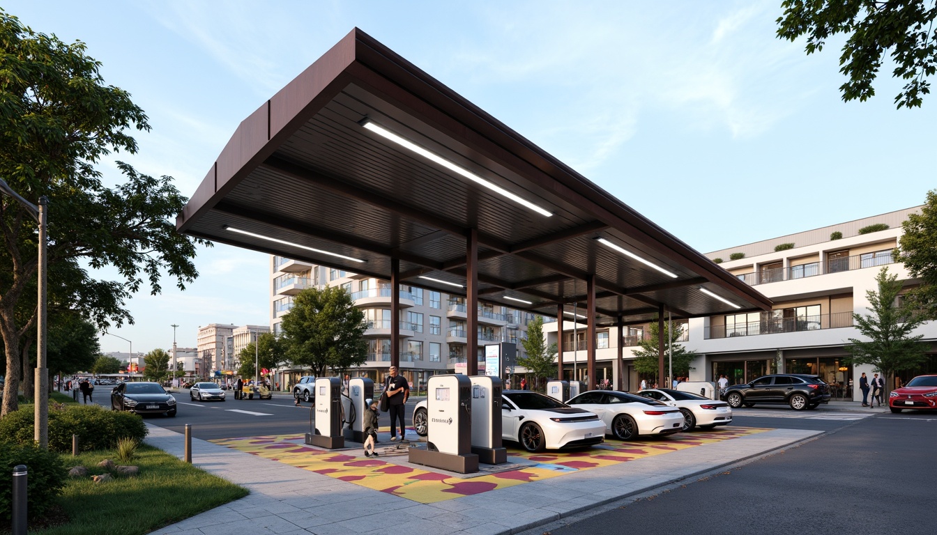 Prompt: Futuristic charging station, sleek metal canopy, LED lighting strips, modern angular architecture, sustainable energy solutions, solar panels, wind turbines, green roofs, eco-friendly materials, innovative cooling technologies, shaded outdoor spaces, misting systems, geometric patterns, vibrant colorful accents, urban cityscape, busy streets, electric vehicles, futuristic cars, robotic charging arms, automated payment systems, high-tech surveillance cameras, secure parking spots, wheelchair accessibility ramps.