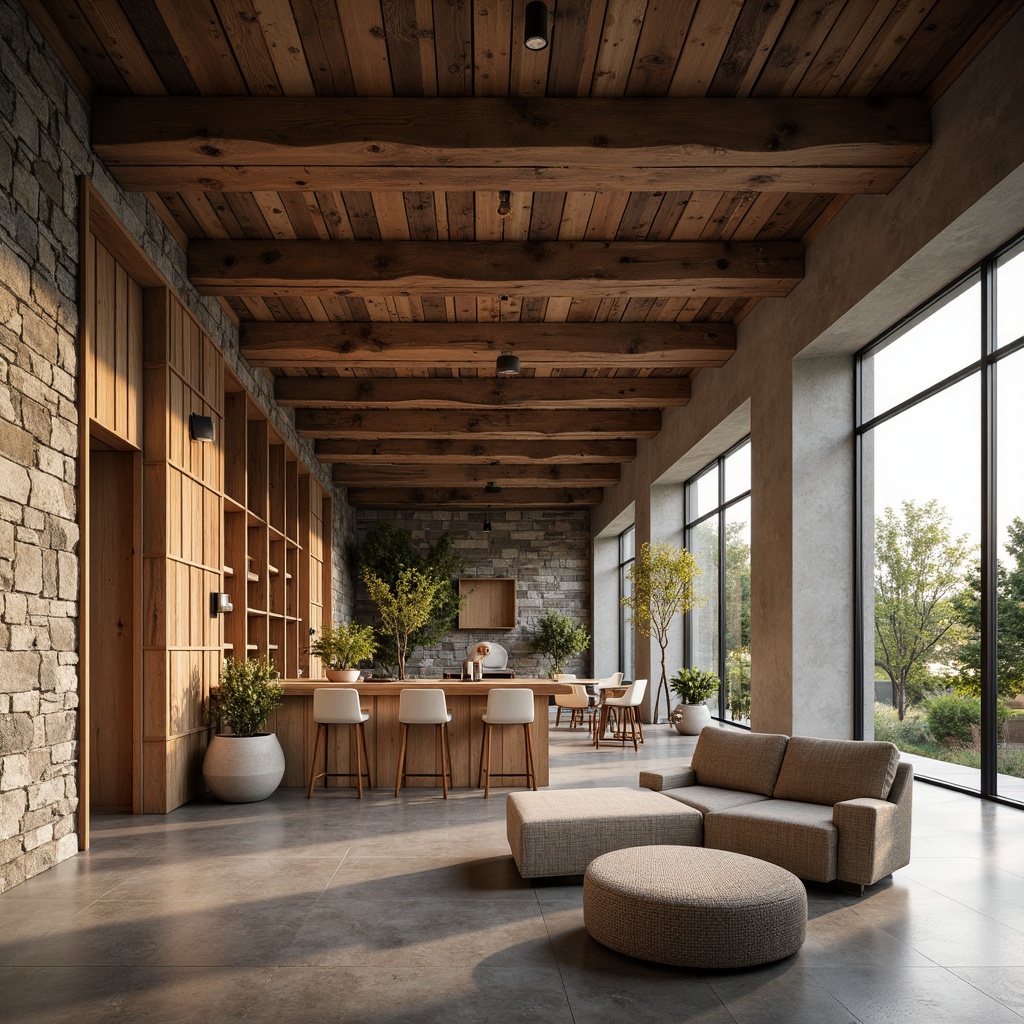 Prompt: Weathered wooden accents, reclaimed wood textures, earthy color palette, natural stone walls, exposed concrete structures, industrial metal frames, minimalist decor, functional simplicity, abundant natural light, soft warm ambiance, shallow depth of field, 1/1 composition, realistic material rendering, ambient occlusion.