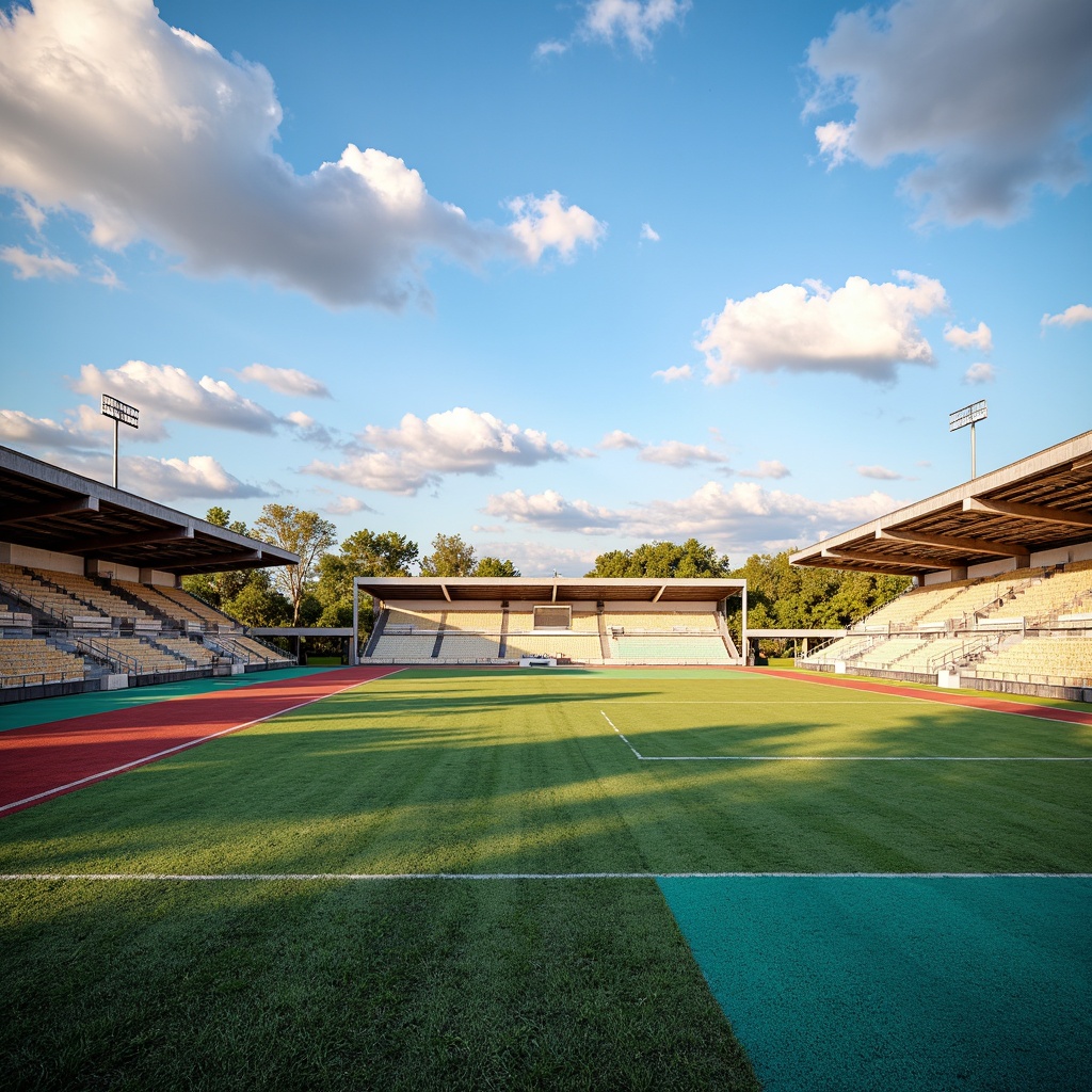 Prompt: Vibrant sports fields, eclectic mix of materials, contrasting textures, artificial turf, natural grass, weathered wood bleachers, metallic goalposts, colorful rubber tracks, bold graphic patterns, dynamic lighting, dramatic shadows, 1/1 composition, low-angle shot, realistic render, ambient occlusion, sunny day, soft warm atmosphere.