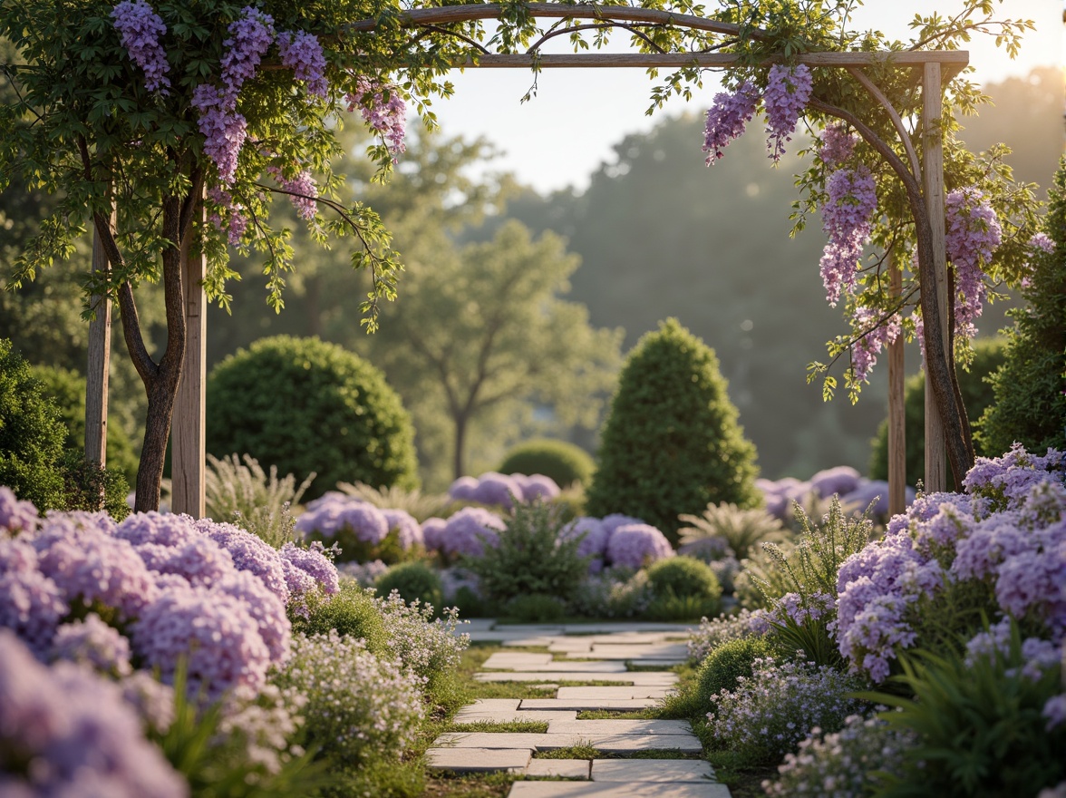 Prompt: Pastel purple flowers, delicate tendrils, soft lavender hues, gentle peach tones, creamy whites, warm beige accents, lush green foliage, whimsical garden scenes, romantic arbors, ornate ironwork, vintage distressed wood, natural stone pathways, dreamy afternoon light, shallow depth of field, 1/1 composition, intimate close-ups, realistic textures, ambient occlusion.