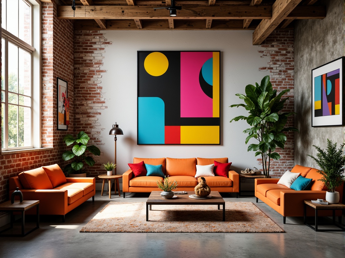 Prompt: Vibrant artistic studio, eclectic furniture, abstract artwork, bold color blocking, contrasting textures, modern industrial architecture, exposed brick walls, polished concrete floors, reclaimed wood accents, natural light pouring in, soft warm glow, 1/1 composition, shallow depth of field, realistic renderings, ambient occlusion.