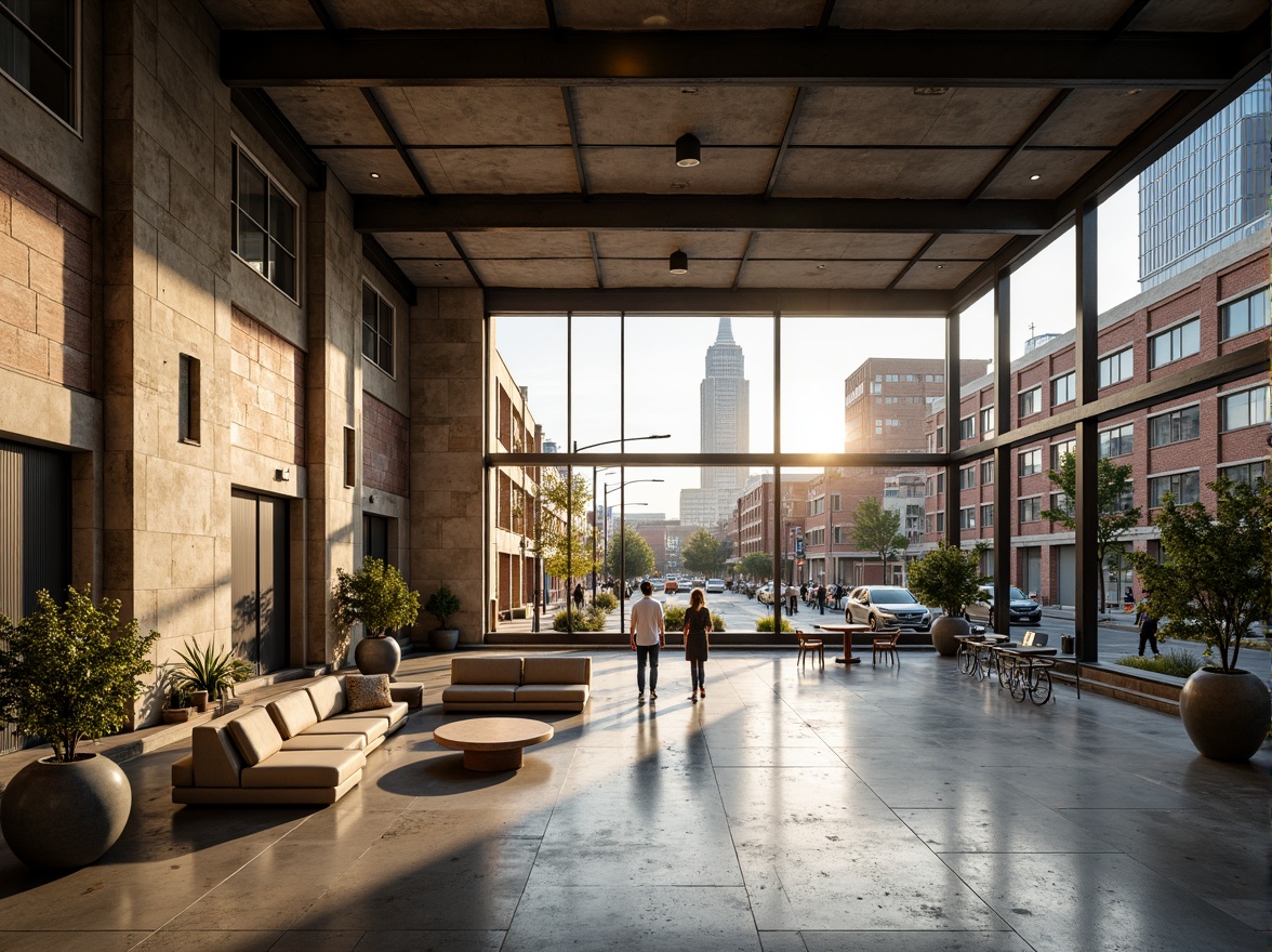 Prompt: Modern building facade, exposed steel beams, industrial chic aesthetic, polished concrete floors, minimalist interior design, open-plan layout, floor-to-ceiling windows, natural light pouring in, urban cityscape views, bustling streets, vibrant street art, eclectic neighborhood vibe, warm golden lighting, shallow depth of field, 1/1 composition, realistic textures, ambient occlusion.