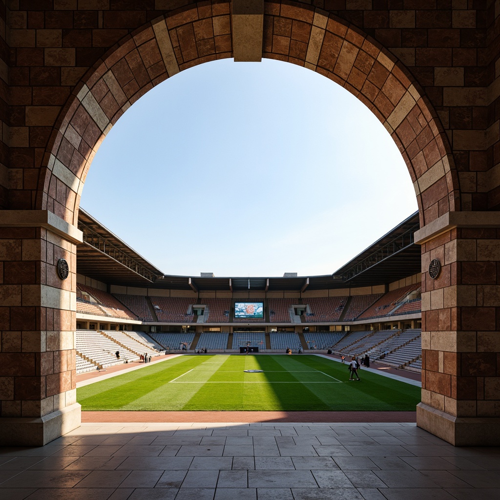 Prompt: Grand stadium architecture, rustic masonry walls, arches, columns, ornate stone carvings, textured brick facades, earthy tones, natural materials, imposing grandstands, tiered seating, lush green fields, athletic tracks, scoreboard displays, floodlighting, dramatic shadows, 1/2 composition, low-angle shot, realistic textures, ambient occlusion.