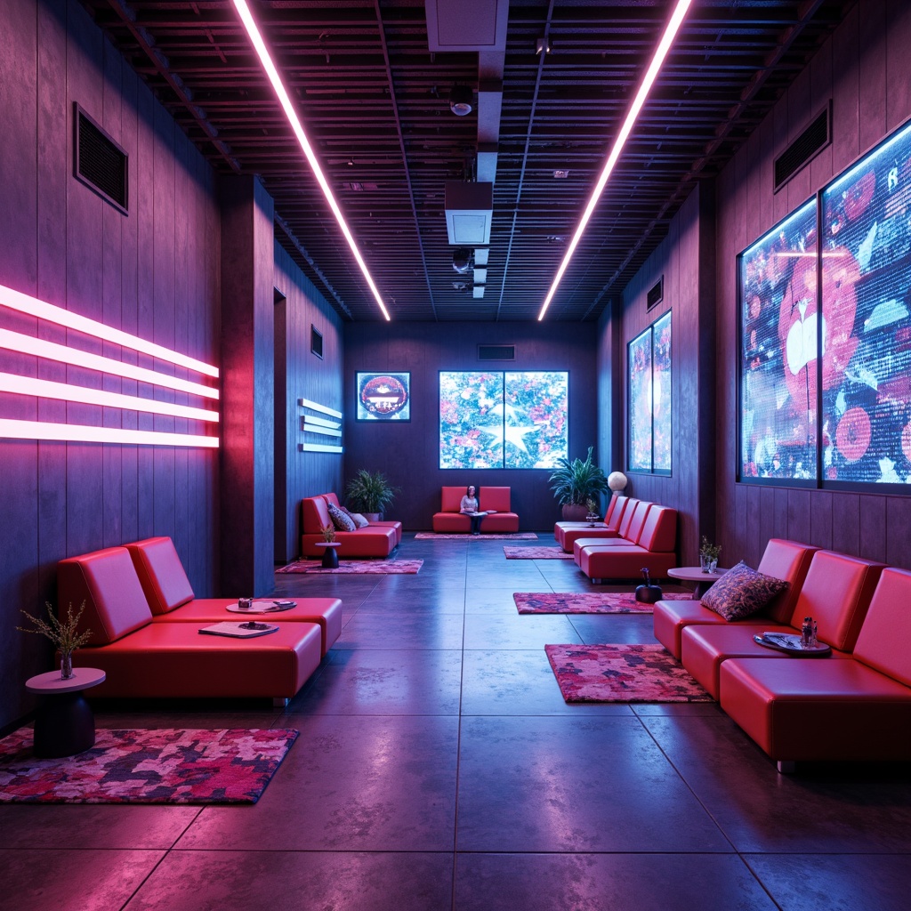 Prompt: Futuristic hostel interior, neon-lit corridors, glowing LED strips, ambient floor lamps, suspended ceiling fixtures, minimalist decor, sleek metal accents, polished concrete floors, geometric patterned rugs, vibrant color schemes, futuristic furniture designs, holographic displays, virtual reality installations, soft warm glow, high-contrast lighting, dramatic shadows, 1/1 composition, cinematic atmosphere, realistic reflections, advanced smart home systems.