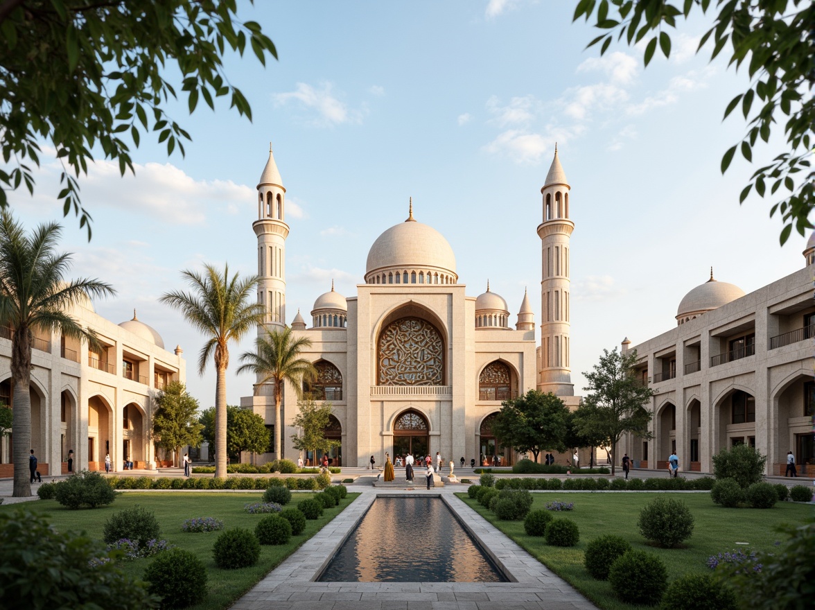 Prompt: Elegant mosque, intricately patterned domes, minarets, Islamic calligraphy, natural stone fa\u00e7ades, lush green courtyards, water features, serene ambiance, soft warm lighting, shallow depth of field, 3/4 composition, panoramic view, realistic textures, ambient occlusion, eco-friendly materials, renewable energy systems, solar panels, wind turbines, rainwater harvesting, green roofs, innovative cooling technologies, shaded outdoor spaces, misting systems, Arabic-inspired geometric motifs, vibrant colorful textiles.