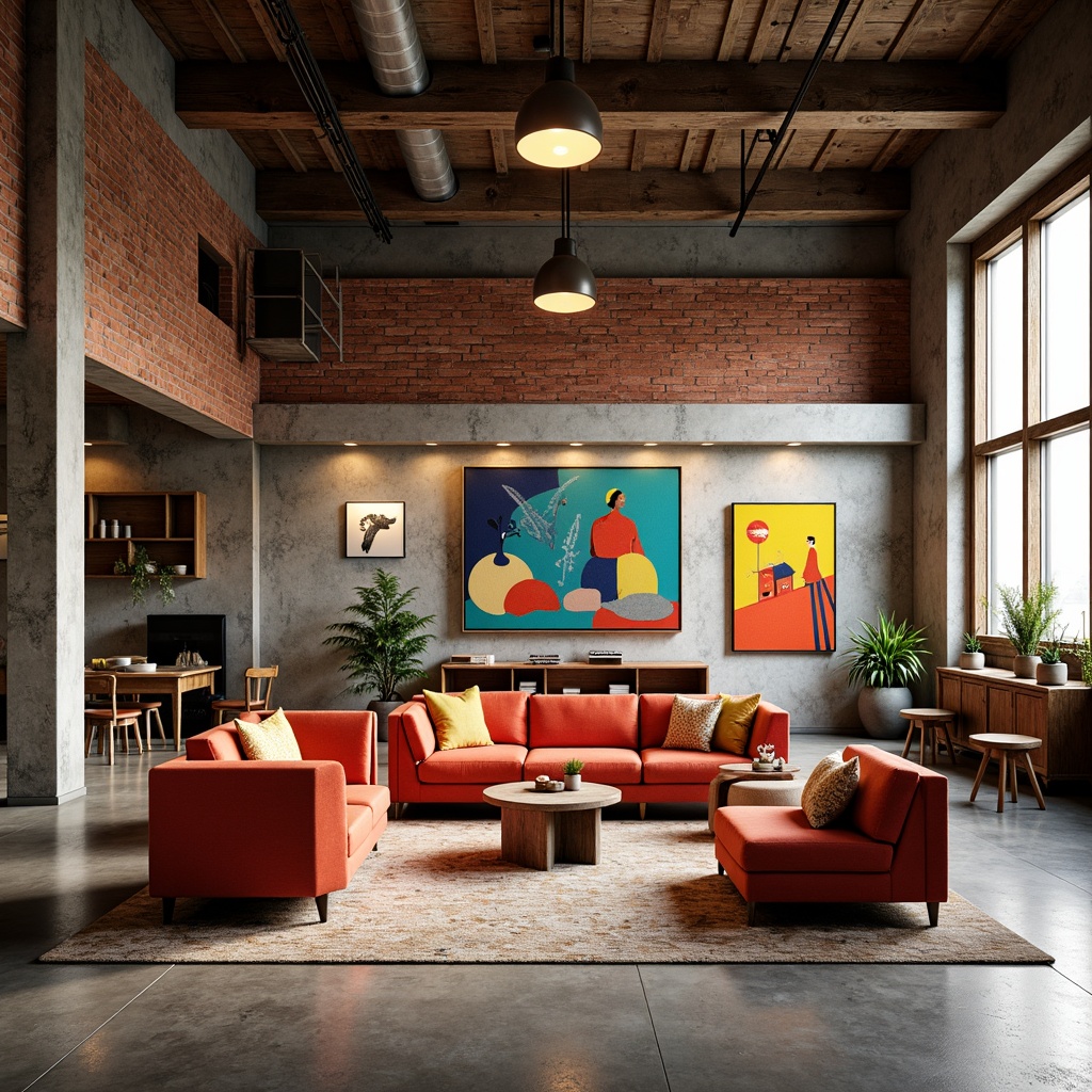 Prompt: Vibrant artistic studio, eclectic furniture, abstract artwork, bold color blocking, contrasting textures, modern industrial architecture, exposed brick walls, polished concrete floors, reclaimed wood accents, natural light pouring in, soft warm glow, 1/1 composition, shallow depth of field, realistic renderings, ambient occlusion.