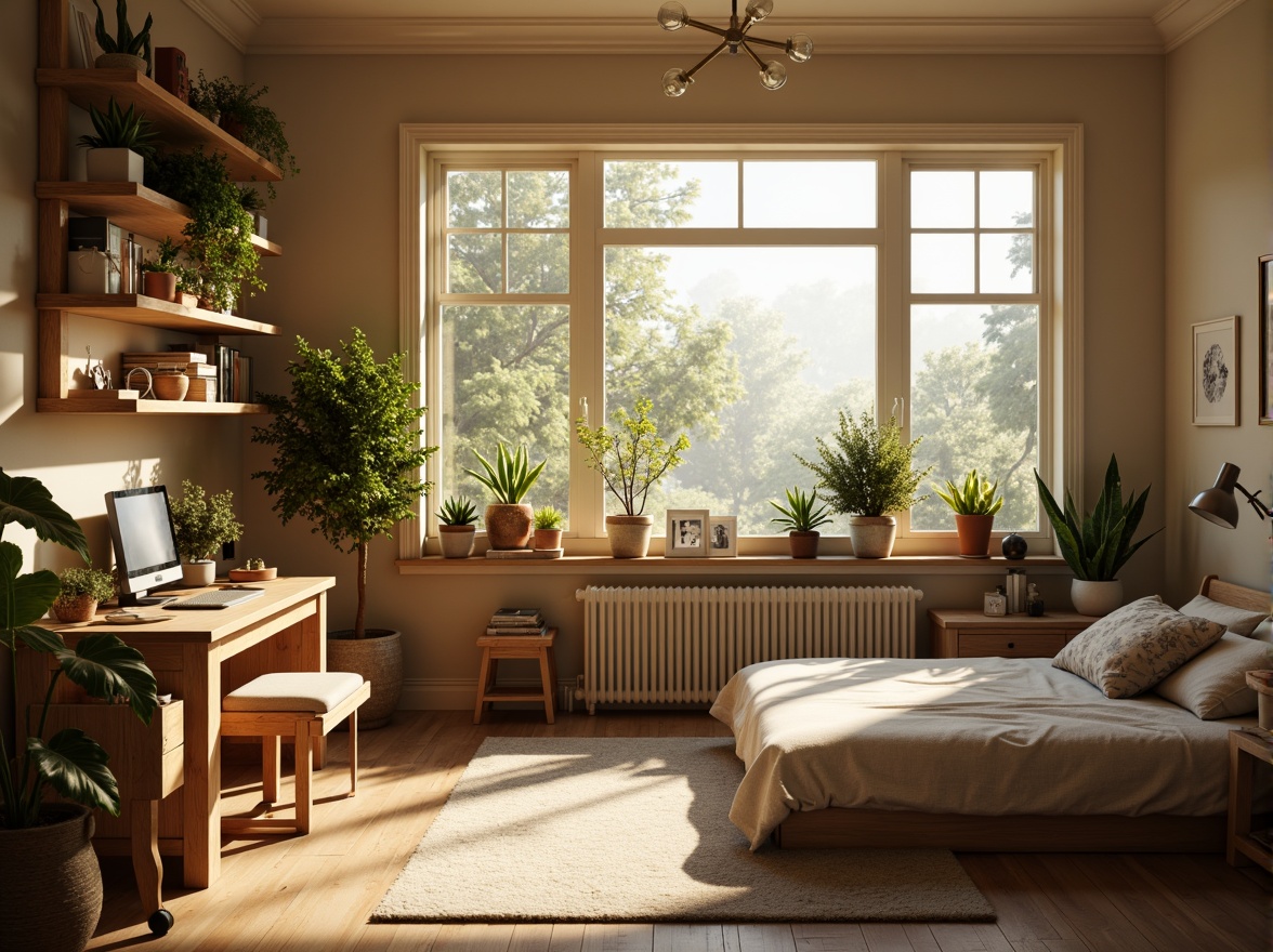 Prompt: Cozy dorm room, large windows, soft natural light, warm beige walls, comfortable bedding, wooden furniture, plants on shelves, calm atmosphere, morning sunlight, gentle shadows, 1/1 composition, shallow depth of field, realistic textures, ambient occlusion.