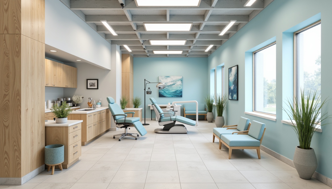 Prompt: Calming dental clinic atmosphere, soft pastel colors, gentle blue hues, creamy whites, warm beige tones, natural wood accents, subtle texture patterns, modern minimalist design, sleek metal equipment, sterile glass surfaces, calming ambient lighting, shallow depth of field, 1/1 composition, realistic renderings, ambient occlusion.