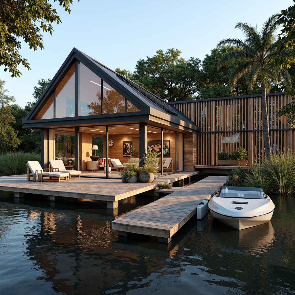 Prompt: Waterfront boathouse, rustic wooden docks, serene lake views, modern glazing systems, floor-to-ceiling windows, sliding glass doors, reflective water-inspired fa\u00e7ades, angular metal frames, minimalist design, sustainable energy solutions, solar panels, green roofs, eco-friendly materials, innovative cooling technologies, shaded outdoor spaces, misting systems, nautical-themed decorations, vibrant colorful textiles, intricate geometric motifs, warm soft lighting, shallow depth of field, 3/4 composition, panoramic view, realistic textures, ambient occlusion.