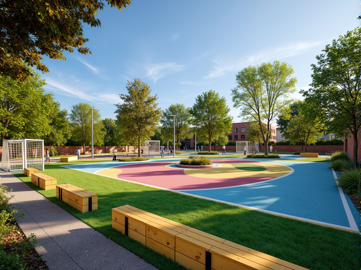 Prompt: Vibrant sports fields, eclectic mix of materials, contrasting textures, artificial turf, natural grass, weathered wood benches, metallic goalposts, colorful rubber tracks, bold graphic patterns, dynamic lighting, dramatic shadows, 1/1 composition, low-angle shot, realistic reflections, ambient occlusion, sunny day, soft warm atmosphere.