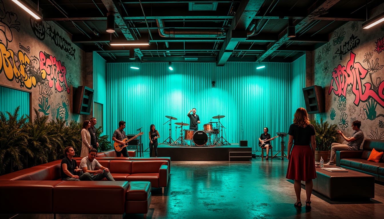 Prompt: Vibrant teal accents, neon lights, dynamic stage design, eclectic music instruments, graffiti walls, industrial metal beams, polished concrete floors, trendy lounge seating, retro-futuristic decor, edgy urban atmosphere, moody dim lighting, shallow depth of field, 1/1 composition, cinematic view, realistic textures, ambient occlusion.