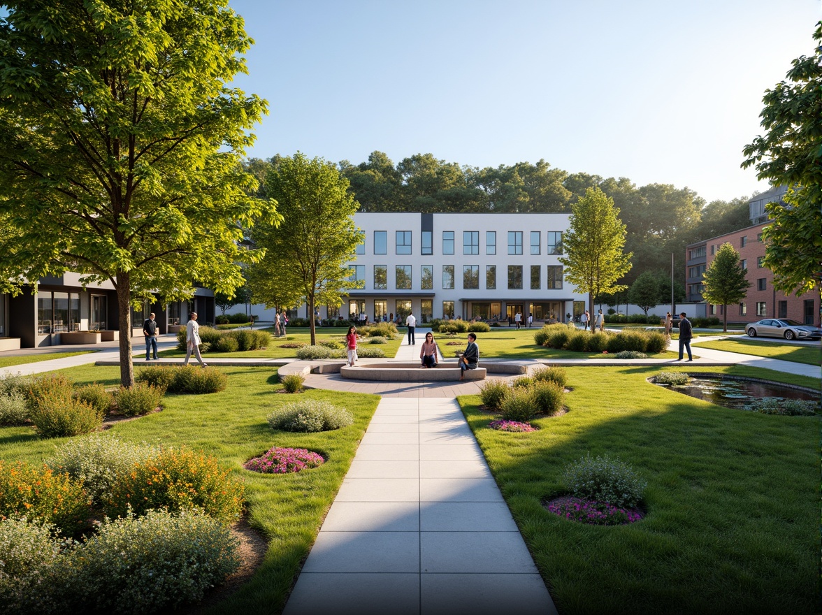 Prompt: Vibrant public administration building, modern architectural design, lush greenery, blooming flowers, manicured lawns, walking paths, benches, ornamental fountains, natural stone walls, water features, urban forest, cityscape views, sunny day, soft warm lighting, shallow depth of field, 3/4 composition, panoramic view, realistic textures, ambient occlusion.