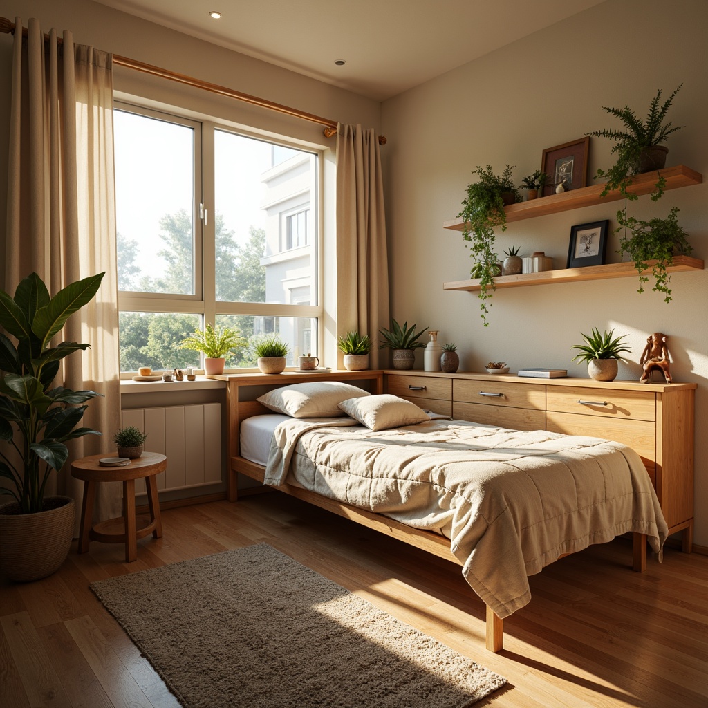 Prompt: Cozy dorm room, large windows, soft natural light, warm beige walls, comfortable bedding, wooden furniture, plants on shelves, gentle morning sunbeams, calming atmosphere, relaxing ambiance, soft shadows, 1/1 composition, shallow depth of field, realistic textures, ambient occlusion.