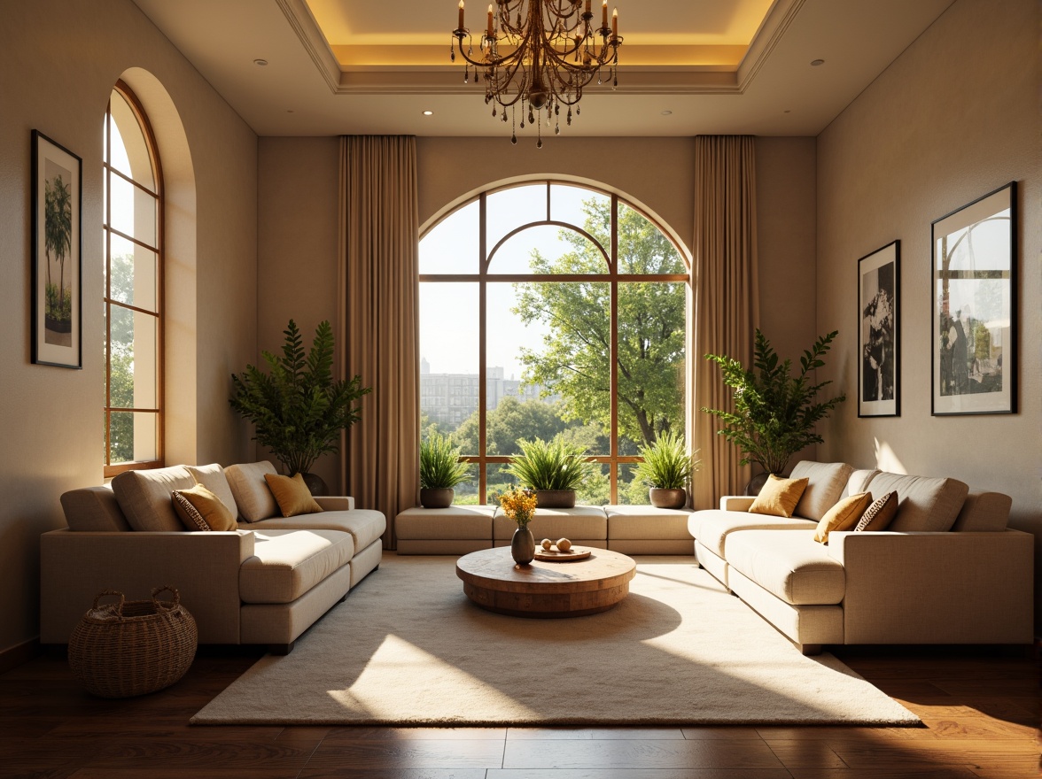 Prompt: Cozy living room, plush sofas, warm beige walls, rich wood flooring, soft golden lighting, comfortable throw pillows, modern minimalist decor, large windows, natural daylight, lush greenery views, elegant chandeliers, sophisticated color palette, calming atmosphere, shallow depth of field, 1/1 composition, realistic textures, ambient occlusion.