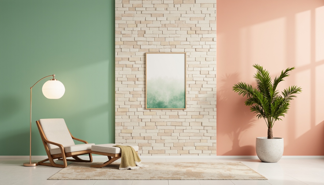 Prompt: Vibrant pastel hues, soft peach tones, calming mint greens, creamy whites, warm beige accents, rich wood textures, natural stone patterns, elegant metallic finishes, subtle gradient effects, atmospheric lighting, shallow depth of field, 2/3 composition, realistic renderings, ambient occlusion.