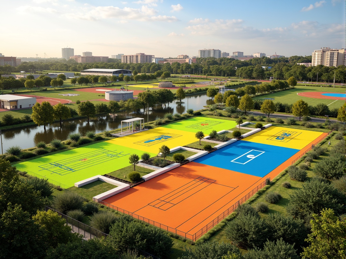 Prompt: Vibrant sports fields, eclectic color palette, bold stripes, bright yellows, deep blues, energetic oranges, lime greens, dynamic patterns, abstract shapes, modern athletic facilities, sleek track lanes, professional soccer goals, basketball courts, tennis nets, baseball diamonds, lush green grass, natural earthy tones, sunny day, soft warm lighting, shallow depth of field, 3/4 composition, panoramic view, realistic textures, ambient occlusion.