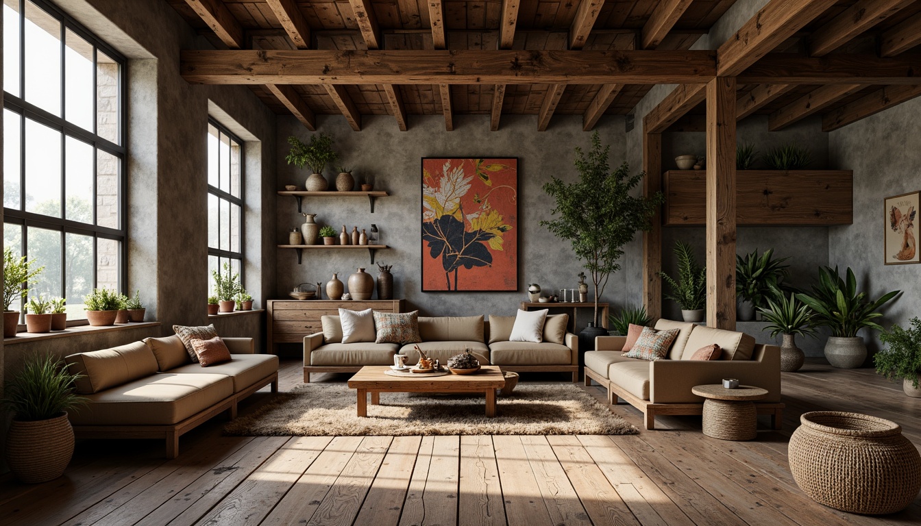 Prompt: Weathered wooden planks, rusty metal accents, distressed concrete walls, reclaimed wood furniture, earthy color palette, natural textiles, woven baskets, vintage decorative items, cozy ambient lighting, soft warm glow, shallow depth of field, 3/4 composition, realistic textures, ambient occlusion.