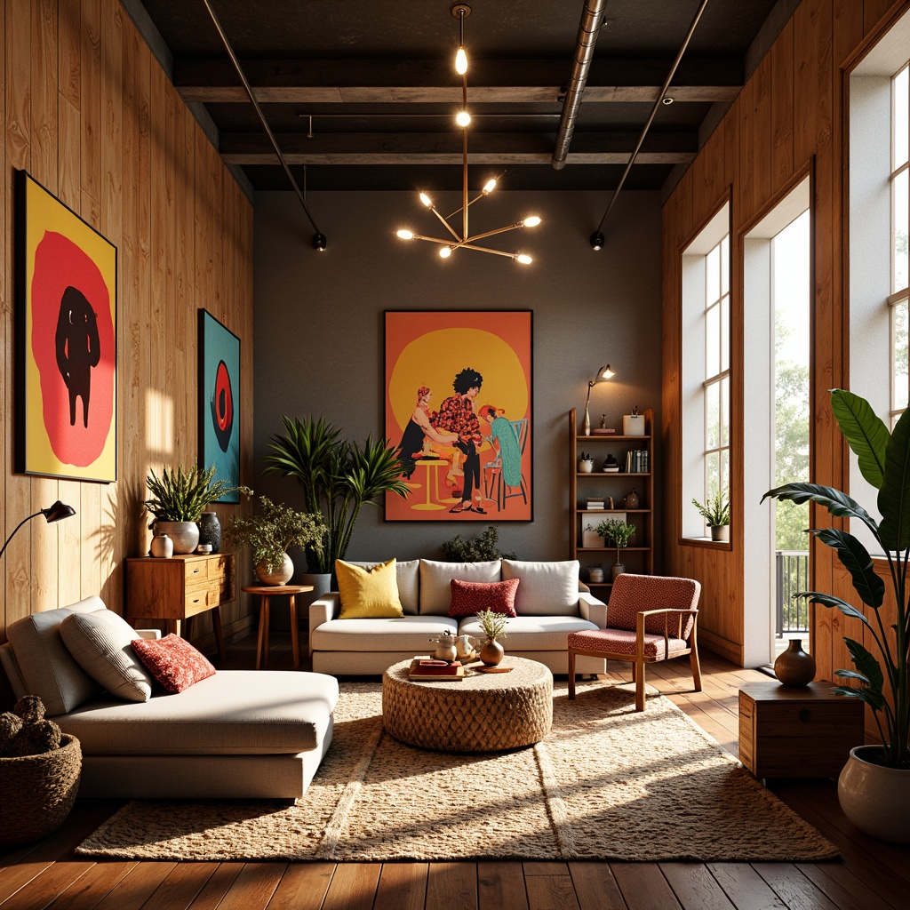 Prompt: Vibrant artistic studio, eclectic furniture, bold color blocking, contrasting textures, abstract artwork, statement lighting fixtures, industrial metal accents, reclaimed wood floors, bohemian-inspired rugs, natural fiber textiles, earthy tone ceramics, warm golden lighting, shallow depth of field, 1/1 composition, realistic renderings, ambient occlusion.