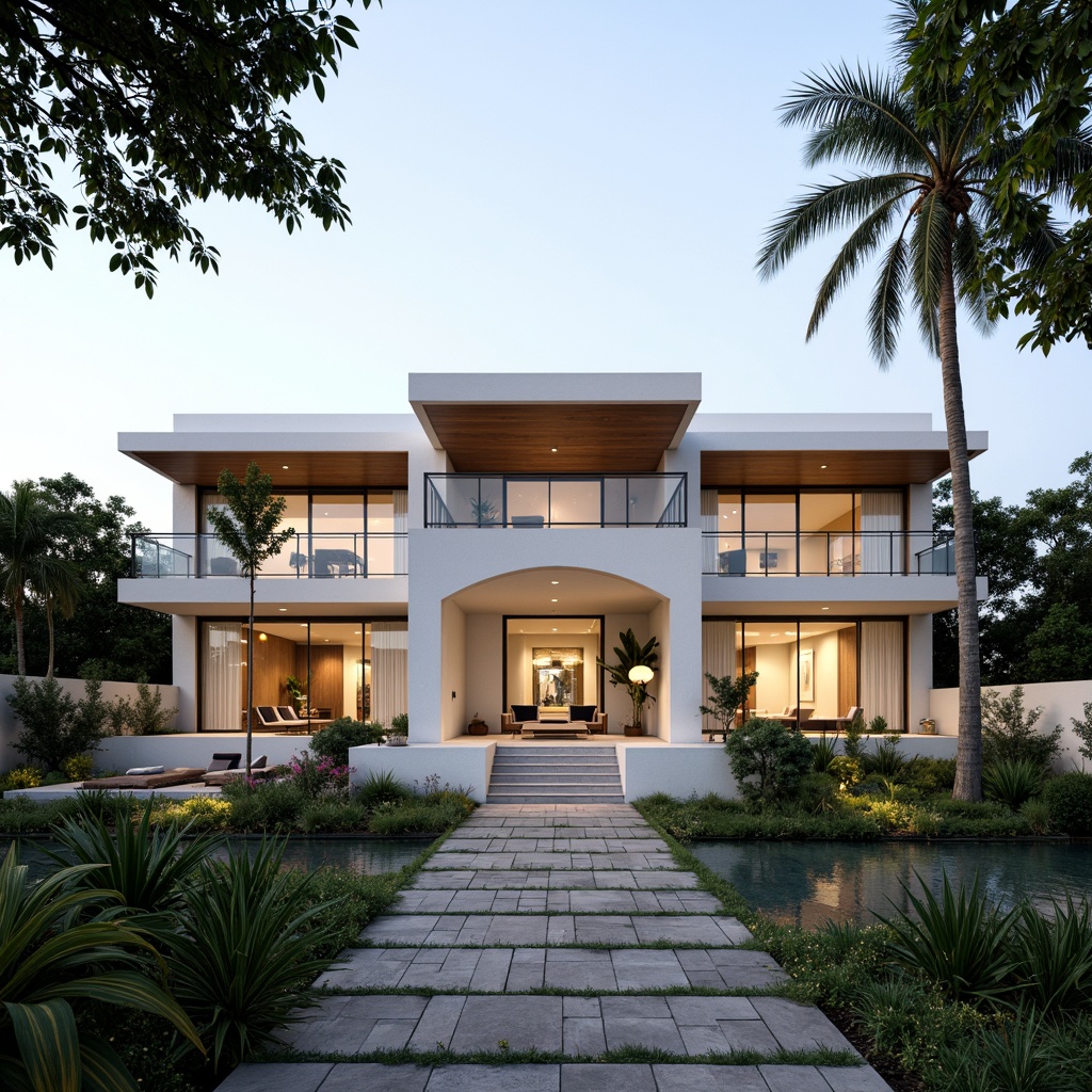 Prompt: Luxurious villa, modernist facade, clean lines, minimalist ornamentation, large windows, sliding glass doors, white stucco walls, flat roofs, cantilevered balconies, steel railings, lush greenery, tropical plants, natural stone pathways, warm ambient lighting, soft focus, shallow depth of field, 1/1 composition, symmetrical framing, realistic textures, subtle color palette.