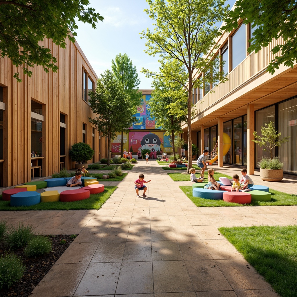 Prompt: Vibrant kindergarten playground, eco-friendly materials, recycled plastic walls, bamboo flooring, natural wood accents, colorful textiles, whimsical murals, interactive learning spaces, circular reading nooks, soft cushioned seating, sensory play areas, transparent roofs, abundant natural light, warm cozy atmosphere, shallow depth of field, 1/1 composition, panoramic view, realistic textures, ambient occlusion.