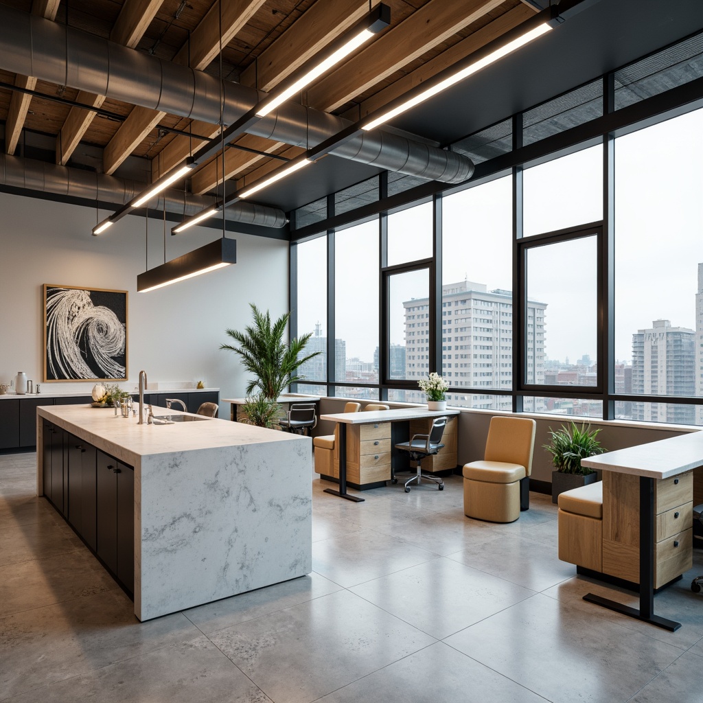 Prompt: Minimalist dental clinic, industrial chic aesthetic, polished concrete floors, white Carrara marble countertops, stainless steel equipment, sleek glass partitions, modern LED lighting, natural wood accents, ergonomic furniture, bold color blocking, geometric patterns, abstract artwork, urban cityscape views, overcast day, soft diffused lighting, shallow depth of field, 2/3 composition, realistic textures, ambient occlusion.