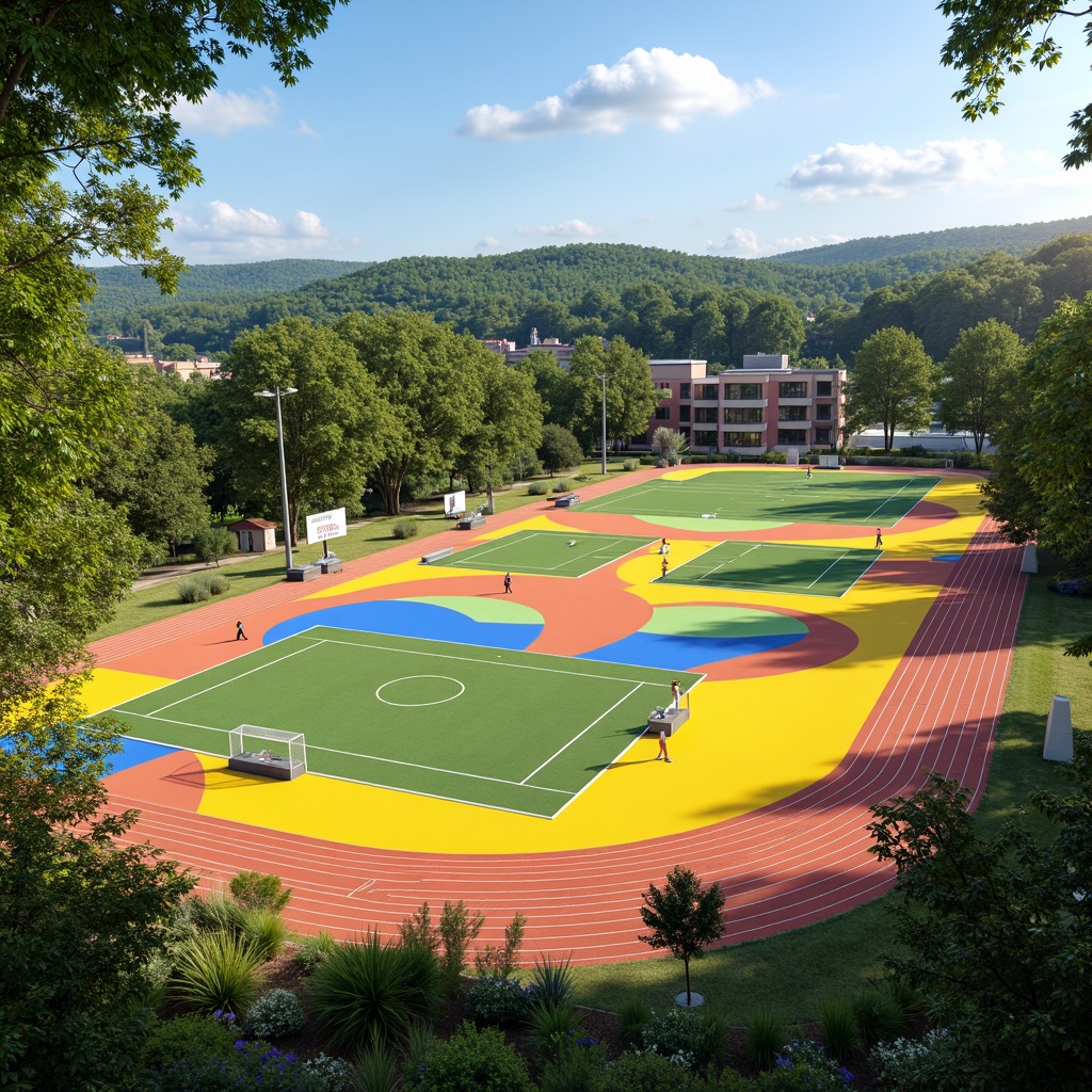 Prompt: Vibrant sports fields, eclectic color palette, bold stripes, bright yellows, deep blues, energetic oranges, lime greens, dynamic patterns, abstract shapes, modern athletic facilities, sleek track lanes, professional soccer goals, basketball courts, tennis nets, baseball diamonds, lush green grass, natural earthy tones, sunny day, soft warm lighting, shallow depth of field, 3/4 composition, panoramic view, realistic textures, ambient occlusion.