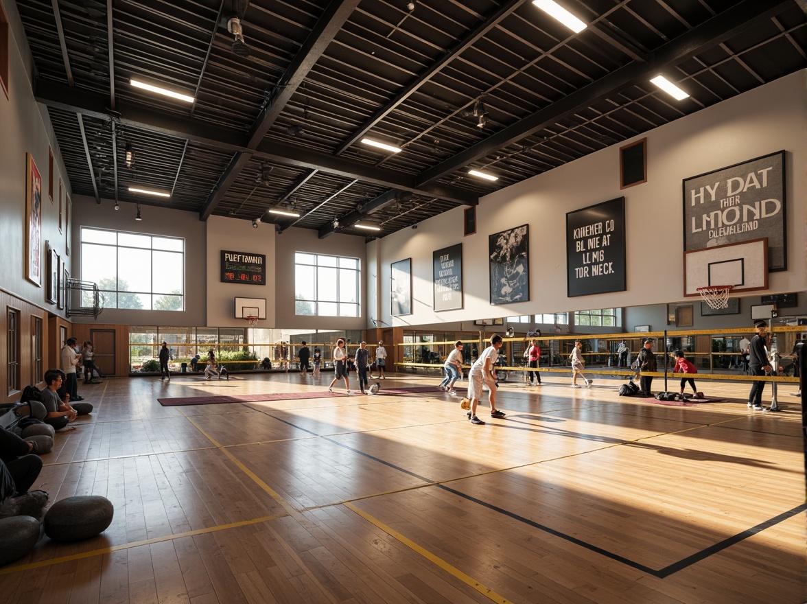 Prompt: Modern gymnasium interior, high ceilings, polished wooden floors, mirrored walls, professional sports equipment, basketball hoops, volleyball nets, exercise machines, free weights, yoga mats, motivational quotes, natural light, soft warm lighting, shallow depth of field, 3/4 composition, panoramic view, realistic textures, ambient occlusion, athletic color scheme, bold typography, dynamic shapes, functional layout, efficient circulation paths, comfortable seating areas, inspirational artwork.