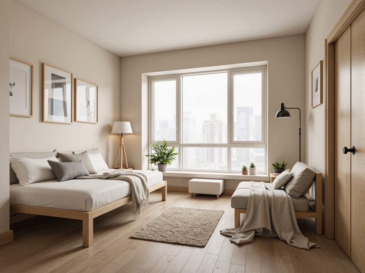 Prompt: Monochromatic dorm room, minimalist decor, soft beige walls, light wood furniture, simple bed frame, crisp white bedding, subtle gray accents, industrial metal lamps, natural fiber rugs, calm atmosphere, warm softbox lighting, shallow depth of field, 1/1 composition, realistic textures, ambient occlusion.