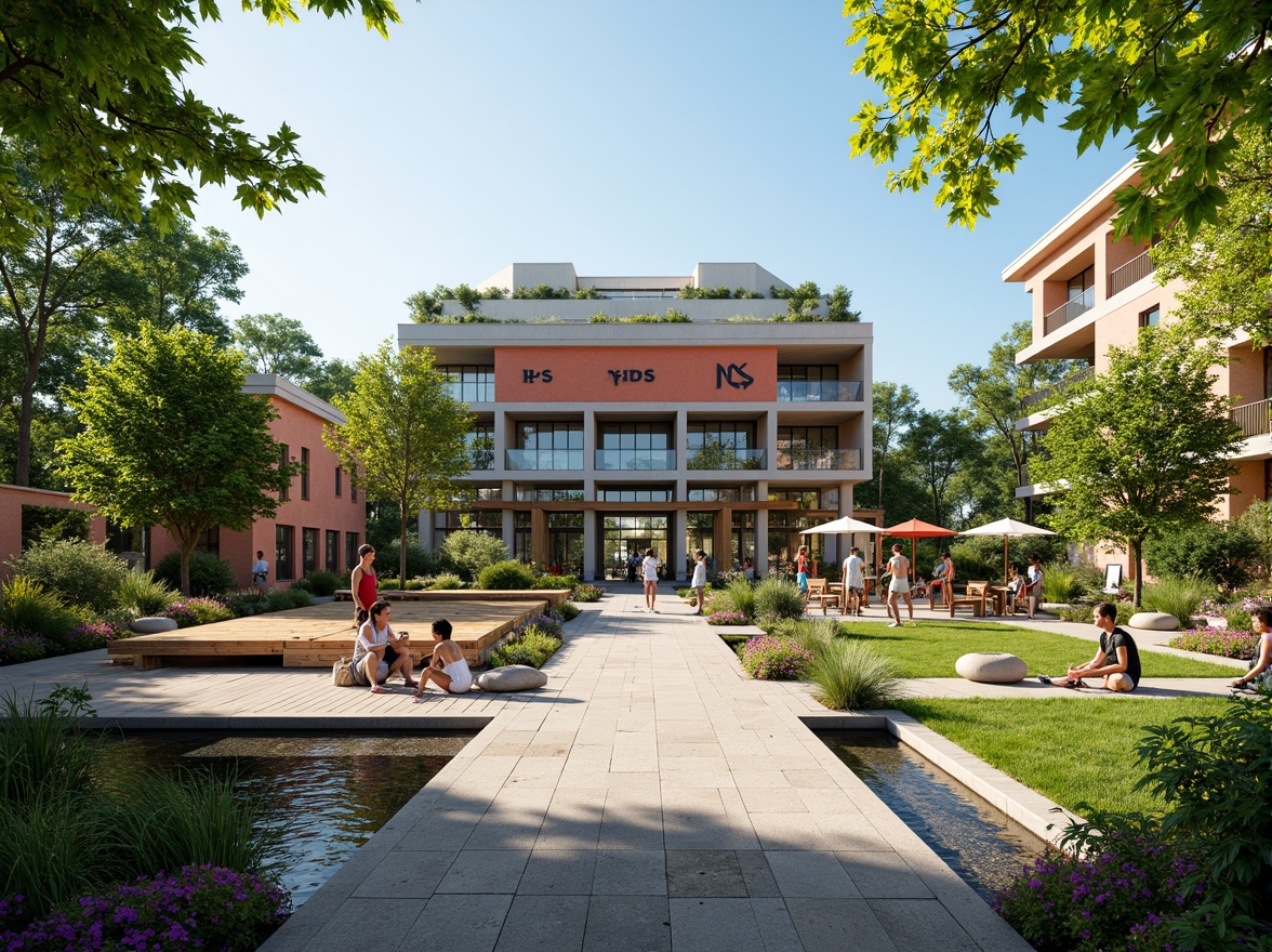 Prompt: Vibrant fitness club exterior, lush greenery, tropical plants, outdoor seating areas, modern water features, natural stone pathways, wooden decks, athletic track, sports equipment, motivational signage, sunny day, soft warm lighting, shallow depth of field, 3/4 composition, panoramic view, realistic textures, ambient occlusion.