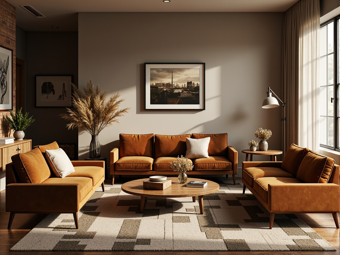 Prompt: Mid-century modern living room, plush velvet sofas, geometric patterned rugs, minimalist coffee tables, industrial metal lamps, abstract artwork, natural fiber textiles, woven baskets, organic shapes, earthy color palette, warm ambient lighting, shallow depth of field, 1/1 composition, soft focus, realistic fabrics, subtle texture details.