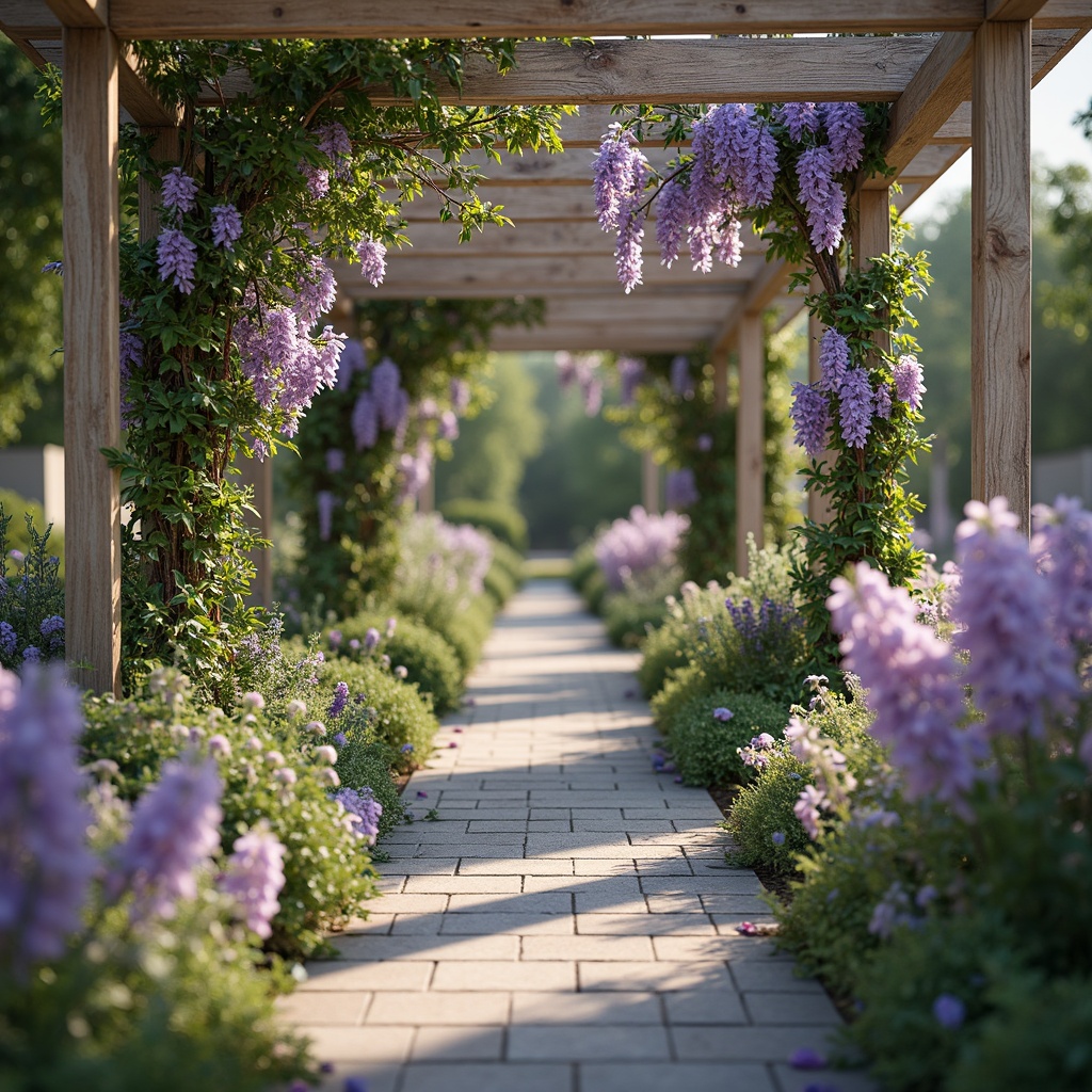 Prompt: Pastel purple flowers, delicate tendrils, soft lavender hues, gentle peach tones, creamy whites, warm beige accents, lush green foliage, whimsical garden scenes, romantic arbors, ornate ironwork, vintage distressed wood, natural stone pathways, dreamy afternoon light, shallow depth of field, 1/1 composition, intimate close-ups, realistic textures, ambient occlusion.