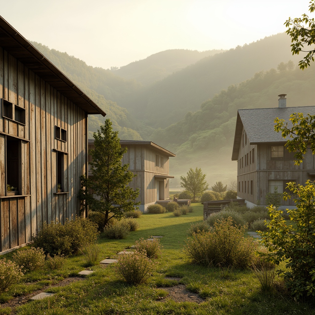 Prompt: Rustic rural landscape, earthy tones, warm beige, soft sage, mossy green, weathered wood textures, vintage metal accents, distressed stone walls, wildflower fields, rolling hills, serene countryside, misty morning light, soft focus, shallow depth of field, 1/2 composition, naturalistic colors, organic shapes, whimsical patterns.