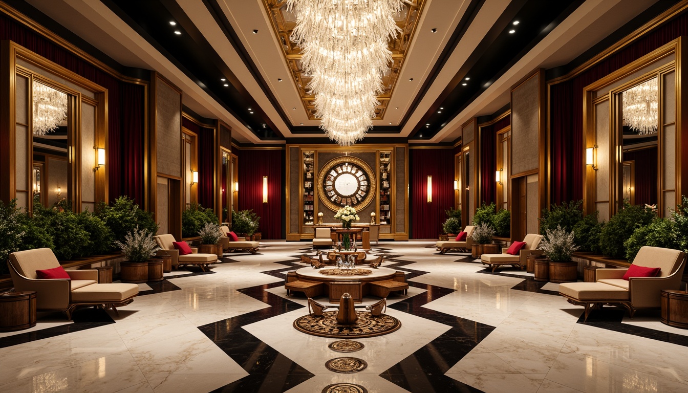 Prompt: Luxurious art deco interior, opulent geometric shapes, metallic accents, ornate patterns, chevron designs, zigzag motifs, sunburst compositions, stylized florals, bold color contrasts, lavish materials, marble floors, crystal chandeliers, velvet drapes, gilded frames, ornamental mirrors, stepped silhouettes, angular lines, futuristic flair, high-contrast lighting, dramatic shadows, 1/1 composition, symmetrical arrangement, realistic reflections.