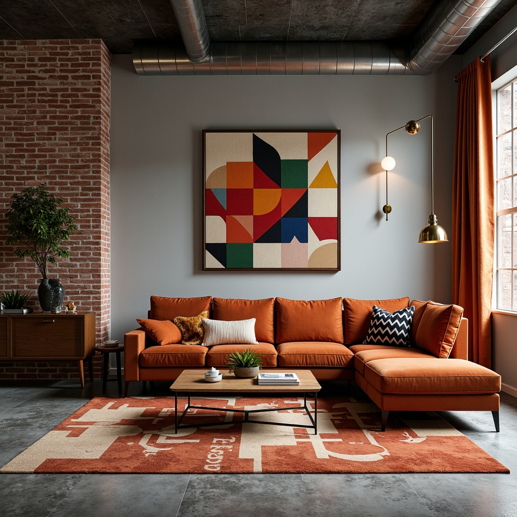 Prompt: Mid-century modern living room, plush velvet sofas, geometric patterned rugs, abstract artwork, minimalist coffee tables, sleek metal legs, rich wood accents, natural fiber upholstery, bold colorful throw pillows, luxurious silk drapes, industrial chic lighting fixtures, exposed brick walls, polished concrete floors, urban loft atmosphere, warm softbox lighting, shallow depth of field, 1/1 composition, realistic textures, ambient occlusion.