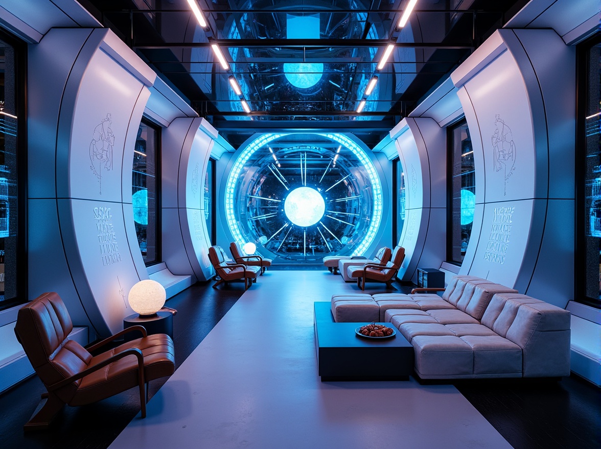 Prompt: Futuristic interior space, sleek metallic walls, neon-lit accents, holographic displays, minimalist furniture, curved lines, geometric patterns, ambient LED lighting, soft glowing orbs, levitating objects, zero-gravity atmosphere, futuristic gadgets, high-tech appliances, virtual reality interfaces, augmented reality experiences, cyberpunk-inspired decor, iridescent color schemes, reflective surfaces, 3D-printed structures, modular design, open-plan layout, panoramic views, shallow depth of field, cinematic composition.