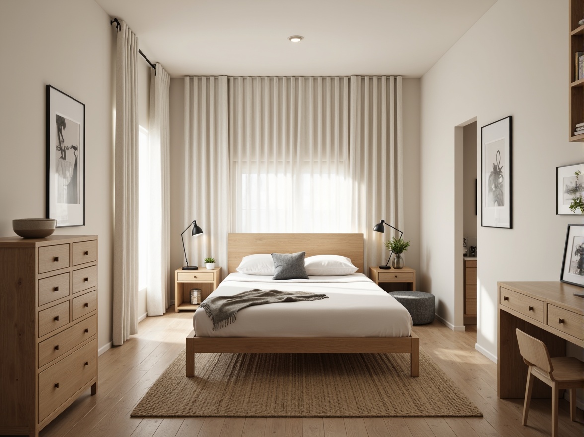 Prompt: Monochromatic dorm room, minimalist decor, soft beige walls, light wood furniture, simple bed frame, crisp white bedding, subtle gray accents, industrial metal lamps, natural fiber rugs, calm atmosphere, warm softbox lighting, shallow depth of field, 1/1 composition, realistic textures, ambient occlusion.