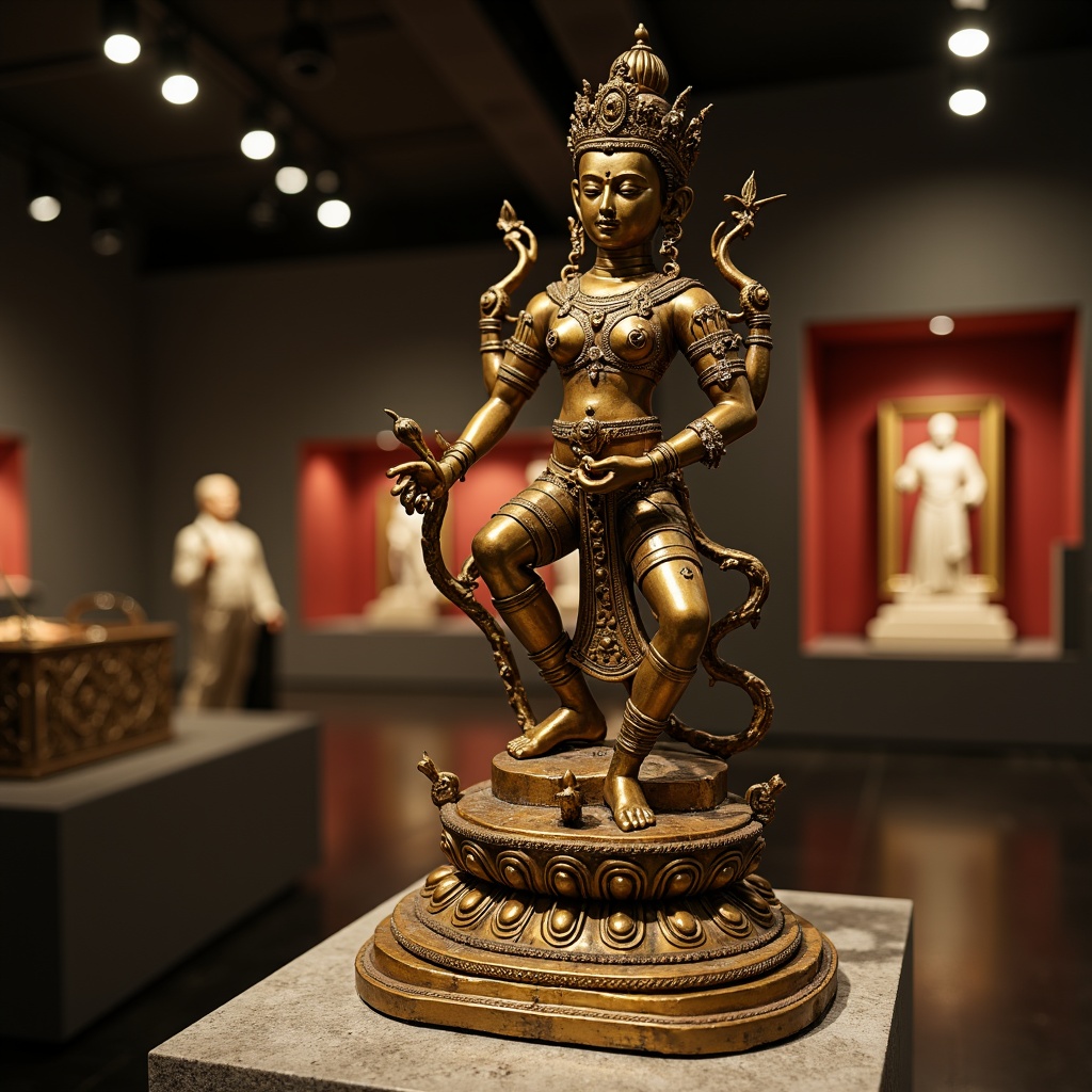 Prompt: Ancient bronze statue, intricate ornate details, warm golden color, metallic sheen, rough stone pedestal, museum exhibition hall, softbox lighting, shallow depth of field, 1/1 composition, realistic textures, ambient occlusion.