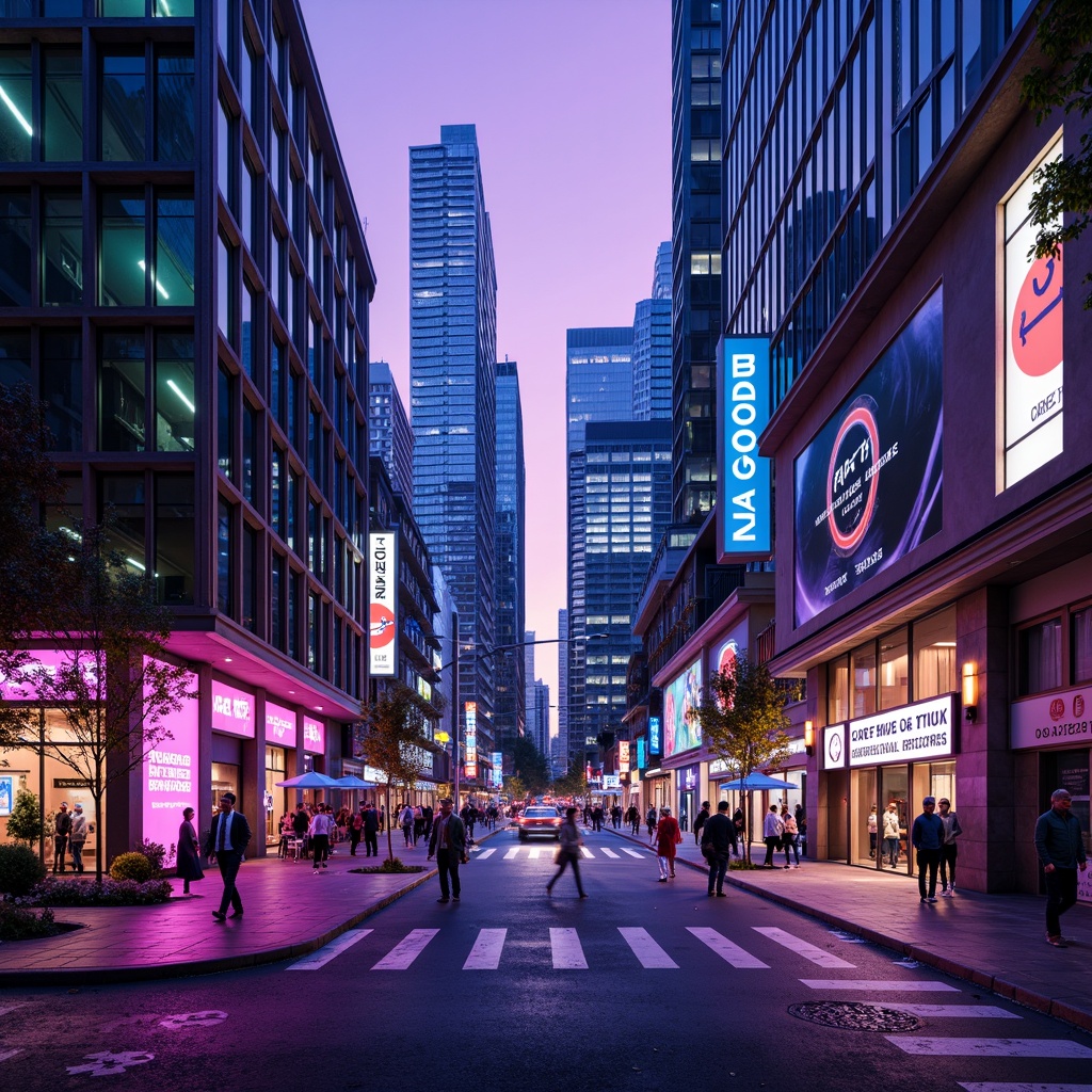 Prompt: Neon-lit cityscape, futuristic skyscrapers, iridescent glass facades, holographic advertisements, vibrant purple and green hues, metallic silver accents, glowing blue lines, sleek aerodynamic shapes, retro-futuristic nostalgia, cyberpunk influences, high-tech gadgetry, virtual reality interfaces, neon-drenched alleys, 3D projection mapping, cinematic lighting, shallow depth of field, 1/1 composition, futuristic typography, abstract geometric patterns.